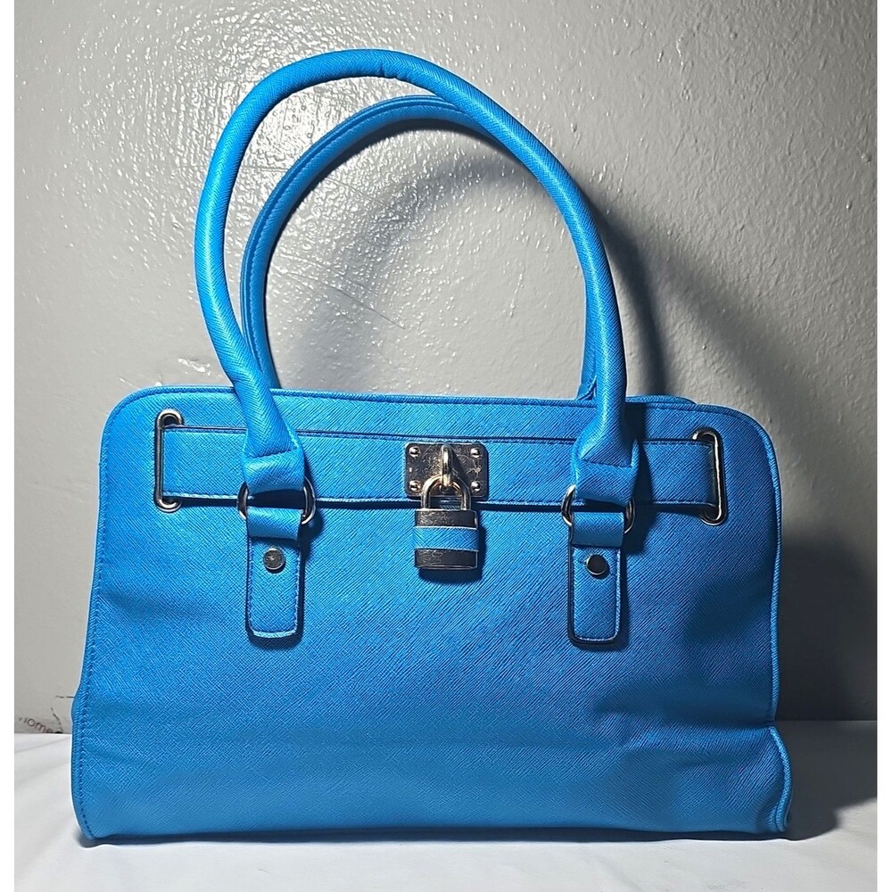 Call It Spring Cobalt Blue Saffiano Faux Leather Satchel Tote Bag Padlock Gold